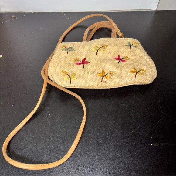 Fossil Handbags - Fossil Embroidered Tan Crossbody Bag Purse 10.5x6” Beaded Woven Snap Closure